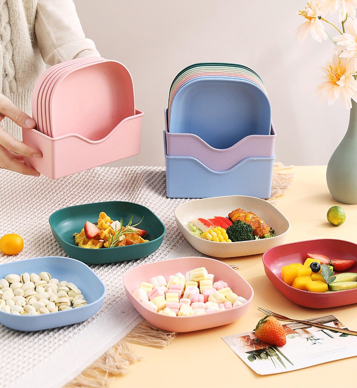 Wolpin Square Plastic Dinner Plate Set (Set Of 10 Pcs) Colorful Snacks Plate/Breakfast Plate With Stand